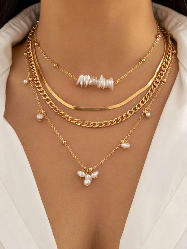 1 Set 4pcs Fashionable Minimalist Versatile Asymmetric Faux Pearl Metal Chain Snake Bone Chain Multi-Layer Stackable Necklace Set Suitable For Women's Daily, Vacation, Party Wear