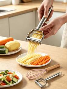 3Pcs Multifunctional Household Salad Prep Kit, Silicone Mixing Whisk With Beech Wood Grip, Dual-Blade Fruit Veg Peeler, Triple Function Vegetable Shredder Grater, Compact Portable Gadget For Daily Cooking & Outdoor Camping - View 2