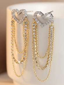 DIYCCPC Elegant Luxury Synthetic Zirconia Heart-Shaped Multi-Chain Tassel Pendant Earrings, Sparkling Handmade Daily Versatile Jewelry Accessory, Perfect Gift For Women - Gold - View 8