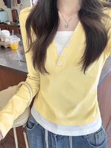Women's Autumn/Winter Contrast Color 2 In 1 Long Sleeve T-Shirt, Short Cropped Base Layer Top - Yellow - View 2