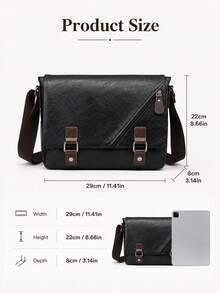 Men's Vintage Business Crossbody Bag, Flap Messenger Bag, Multi-Compartment Large Capacity, Shoulder Bag, PU Leather, Textured, Colorblock Satchel - Black - View 5
