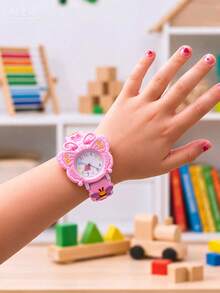 3D Soft Silicone Strap Quartz Watch With Rotating Seconds Hand And Butterfly Pattern For Girls, Creative Gift - Pink - View 8