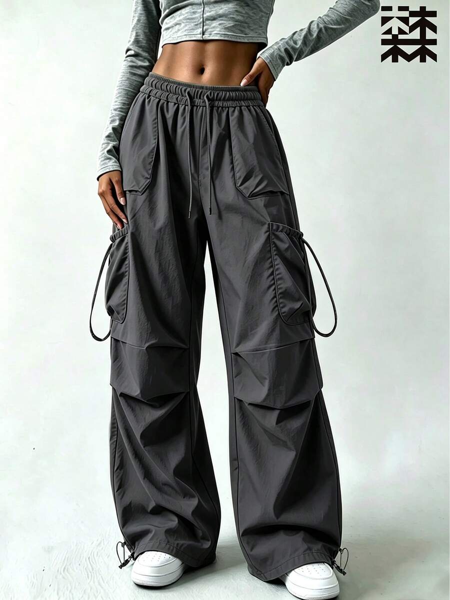 mulinsen Women's Drawstring Waist Cargo Pants, Casual Wide Leg Multi-Pocket Parachute Pants, Loose Street Style Tapered Leg Long Pants - Dark Grey - View 1