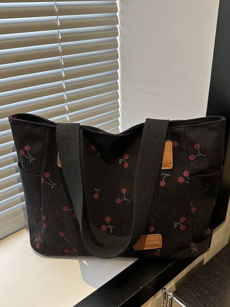 Corduroy Cherry Print Tote Bag, Women's Large Capacity Casual Shoulder ...