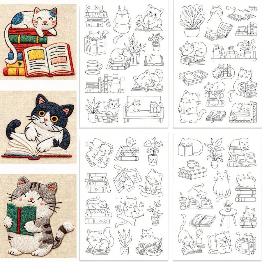 Kain Non-Anyaman Perekat Sendiri untuk Menjahit Tangan dan Menggambar Sketsa dengan Stabilizer Larut Air Bergambar Kucing Membaca Buku untuk Bordir.