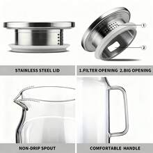 1pc Glass Water Pitcher 1000ml/1200ml/1500ml/2000ml (With Lid And Handle), Suitable For Refrigerator, Iced Tea And Coffee Pot Beverage Dispenser; Heat-Resistant Borosilicate Glass Material, Suitable For Cold And Hot Drinks And Milk Container. - Multicolor - View 5