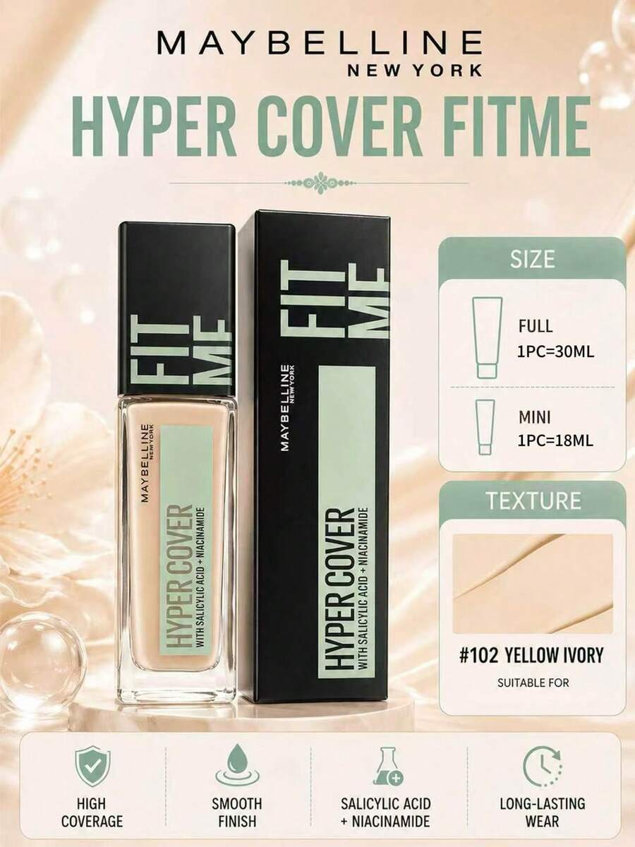Maybelline Base de Maquillaje Personalizada Versión Impecable 102, Tamaño Completo 30ml, Muestra 18ml, Textura Ligera y Adherente, Alta Cobertura, Larga Duración, Resistente a la Opacidad