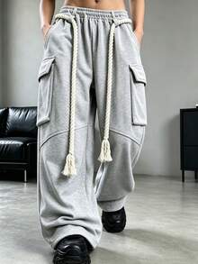 HEYKESON Men's Twisted Tassel Drawstring Cargo Loose Wide Leg Sweatpants - Light Grey - View 5