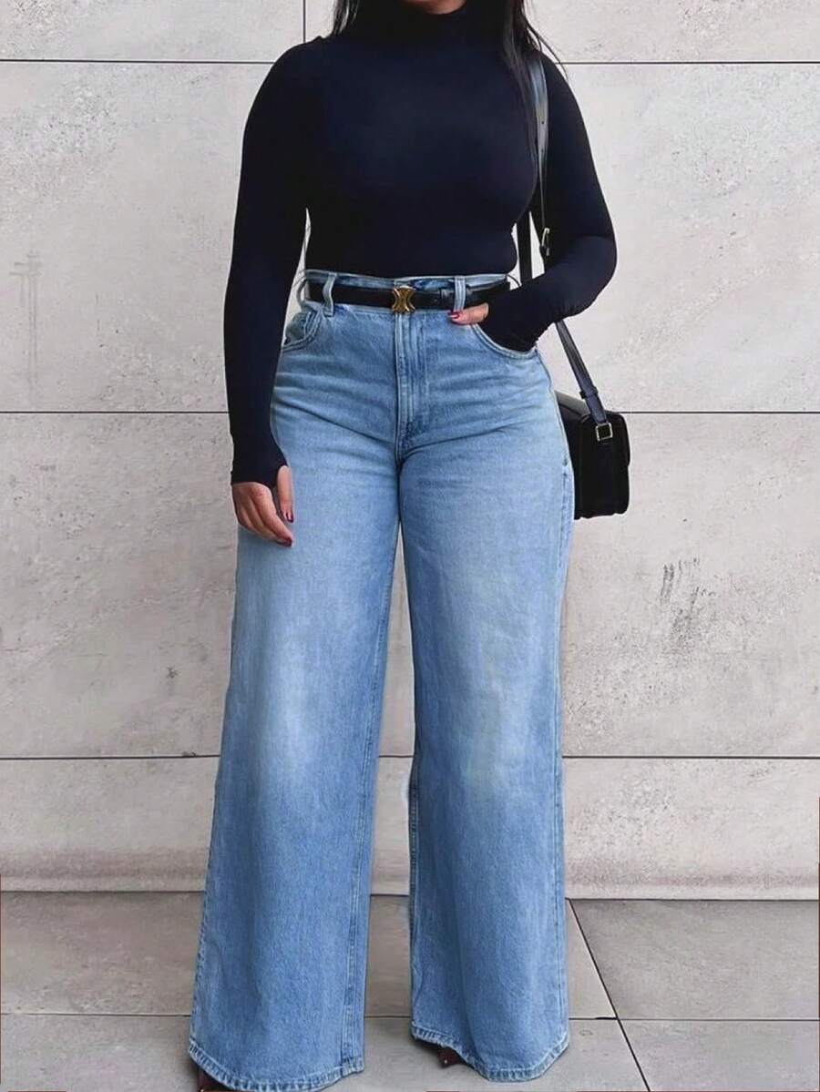 Plus Size Women's Vintage Casual Loose Straight Leg Denim Jeans Fall - Medium Wash - View 1