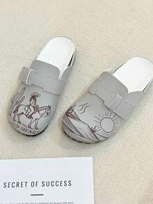 Women's Retro Cowgirl Print Buckled Clog Slippers, Comfortable Non-Slip Closed Toe Flat Mules For Daily Wear - Light Gray - View 3