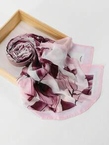 1PC Women's Floral Printed Hijab Scarf, Double-Sided Printed Headscarf, Muslim Fashion Daily Wear Turban, Soft Comfortable Breathable Beach Long Shawl - Purple Flowers On White Background - View 5