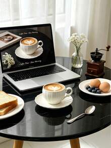 6pcs/1pc European Style Pumpkin Shaped Ceramic Coffee Cups 90ml/3oz, Includes 6pcs Tea Cups And Saucers, Cup Body With Embossed Vertical Stripe Design, Edge Decorated With Daisy Petal-Shaped Wavy Decoration - Creamy White - View 6