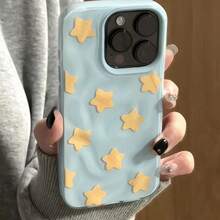 Funda de teléfono Y2K linda de malla negra con textura plisada de estrella, compatible con iPhone 17 Pro Max, 17 Pro, 17 Air, 16 Pro Max, 14, 15 Pro, 16 Plus, 13, 12, 11, carcasa blanda - azul y amarillo - Ver 3