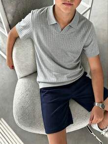 男童羅紋針織短袖 Polo 衫，缺口領缺口領口，柔軟彈性日常夏季兒童基礎 T 恤 - 淺灰色 - 查看 8