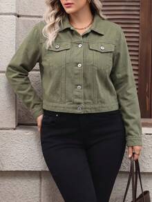 Women's Plus Size Short Denim Jacket, Long Sleeve, Versatile Top For Spring And Autumn Casual - Army Green - View 4