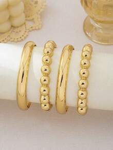 4pcs Minimalist Luxury Gold Beaded & Plain Bangle Bracelet Set, Multi-Layer Stackable Beaded & Plain Bangle Combination, Niche High-End Metal Style Hand Jewelry, Versatile For Daily Commute And Date, Enhances Gentle Elegant And Outfit Layering, Outstanding Texture And Unique Design - Gold - View 2