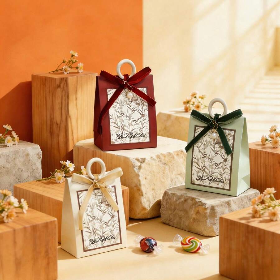 1/10/20pcs Vintage Floral Paper Gift Boxes With Velvet Bows And Wooden Handles, Portable Wedding Favor Packaging Bags, Suitable For Candy, Chocolate, Bridal Shower And Party Gift Wrapping