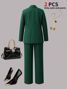 Women's Spring/Autumn Elegant Commute 2 Pieces Set, Dark Green Cropped Waist Vintage British Button Design Blazer With Simple Casual Straight Leg Pants - Dark Green - View 4