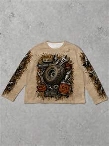 Plus Size Men's Y2K Street Style Crew Neck T-Shirt, Vintage Car Mechanic Tool Print Long Sleeve Top, Machine Washable, Autumn/Winter Essential, Comfortable Everyday Wear - Multicolor - View 2