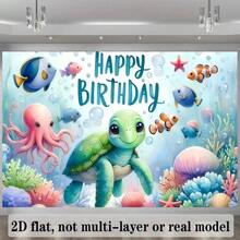 2D 水下探險生日橫幅與海龜-聚酯纖維海洋主題派對背景布,1件,海洋主題蛋糕桌裝飾,相框配件,無需用電 - 多色 - 查看 4