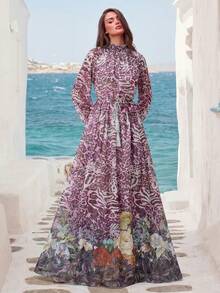 Faeriesty Vintage Romantic Women's Long Sleeve Bell Sleeve Chiffon Dress, Ruched Stand Collar, Eye-Catching Purple Leopard Print Wedding Vacation Party Fall - Purple - View 1