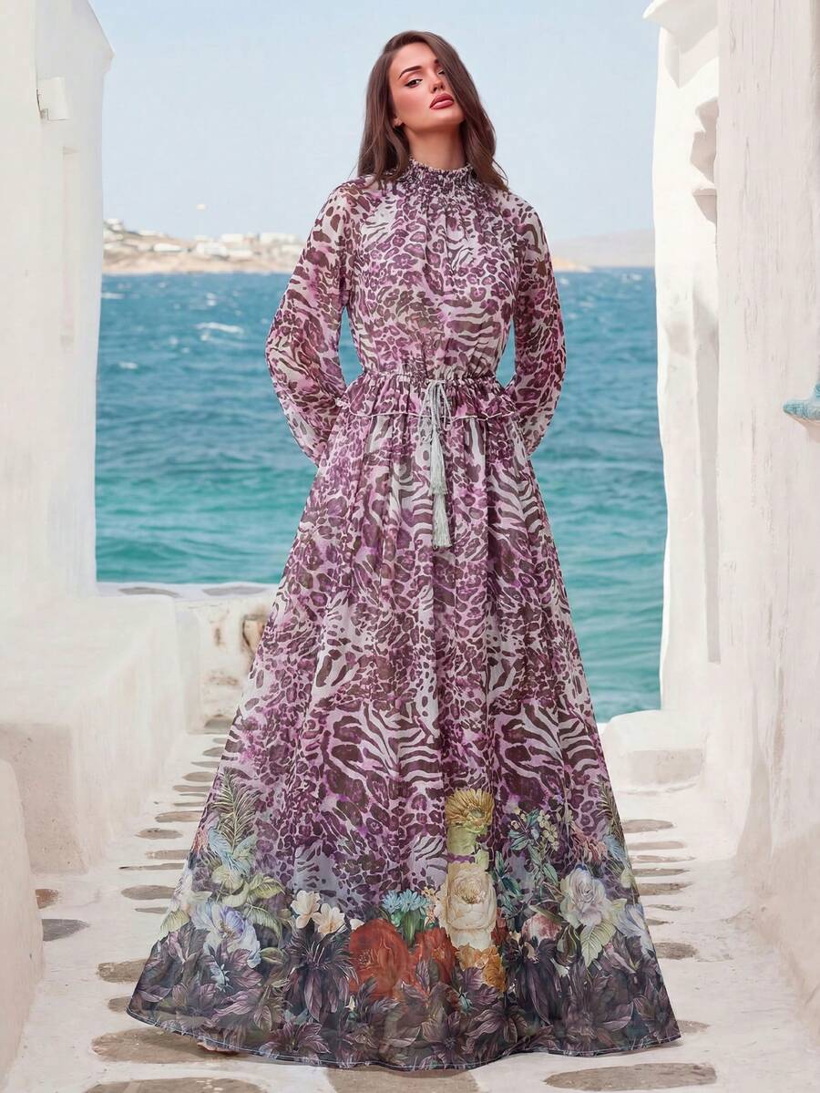 Faeriesty Vintage Romantic Women's Long Sleeve Bell Sleeve Chiffon Dress, Ruched Stand Collar, Eye-Catching Purple Leopard Print Wedding Vacation Party Fall - Purple - View 1