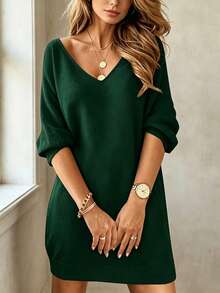 Women's V-Neck Mid-Sleeve Casual Loose Elegant Dress - Dark Green - View 1