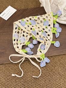 1pc Cute Country Style Women's Square Scarf, Beige Knitted Floral Hollow Lace-Up Triangle Headscarf, Hair Accessory Headband, Warm Headscarf, Suitable For Summer Outfit, Vacation Party Holiday Headscarf - Multicolor - View 10