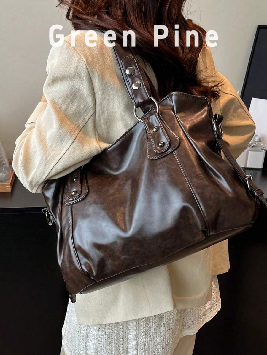 復古大容量 PU 單肩包,女款休閒手提包 - 咖啡棕 - 查看 1