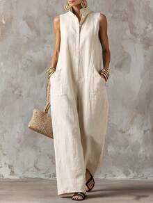 Women's Sleeveless Collared Button Front Top And Wide Leg Pants Two Piece Set Casual Linen Blend Outfit Collection - 乳白色 - 查看 5