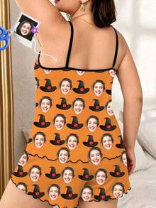 Women's Customized Face Photo Halloween Pajama Set, Personalized Photo Witch Hat Lingerie, Fun Orange Camisole & Shorts Loungewear Set - Multicolor - View 4