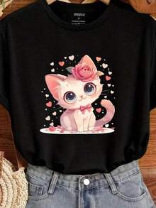 Cute Cat Print Crew Neck T-Shirt, Casual Short SLeesve Top For Spring &Amp; Summer, Wo Clothing - Black - View 2