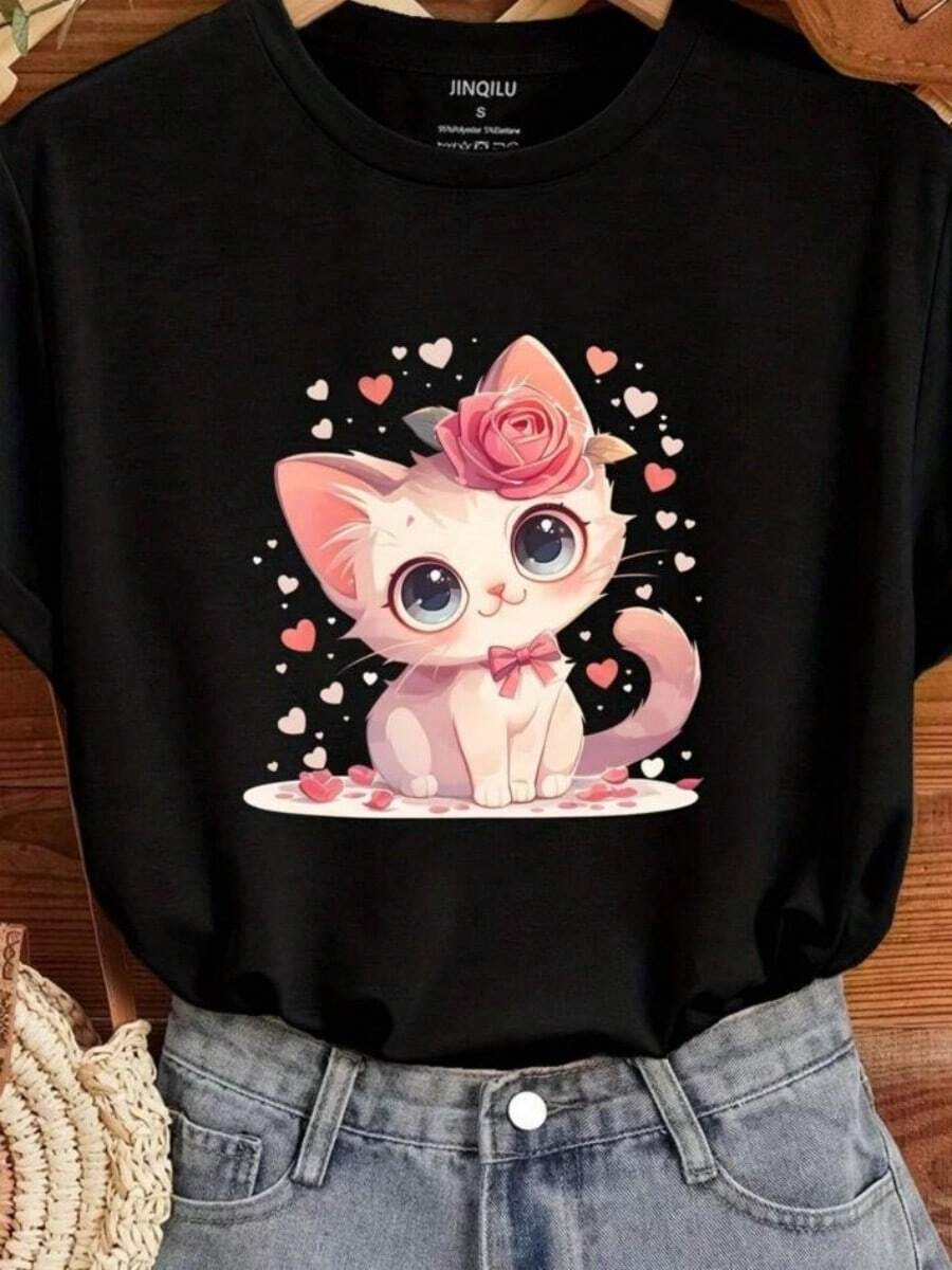 Cute Cat Print Crew Neck T-Shirt, Casual Short SLeesve Top For Spring &Amp; Summer, Wo Clothing