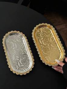 1pc Embossed Rose Pattern Gold Rim Oval Tray, French Luxury Gold And Silver Dual-Tone Metal Storage Dish, Suitable For Displaying Desserts, Snacks, Aromatherapy, Jewelry, Perfect For Elegant Afternoon Tea Presentation, Soft Decor Still Life Photography, Applicable To Home Vanity, Living Room Coffee Table, Wedding Dessert Table, Influencer Bakery Store Scenes - Multicolor - View 4