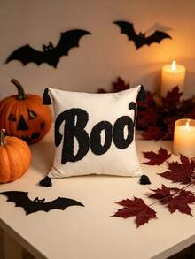 1/2 pezzi Federa cuscino Ognissanti con lettera "BOO" trapuntata, federa ricamata stile fattoria nero e avorio con angoli con nappine, cerniera nascosta, federa decorativa per feste Trick Or Treat (senza inserto) per soggiorno, divano, camera da letto, veranda esterna, decorazione autunnale - nero - Visualizzare 8