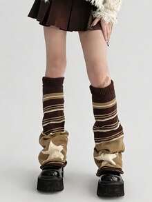 STAR RIVER 1 Pair American Vintage Coffee Brown Leg Warmers, Y2K Striped Star Double-Sided Wide Leg Knit Leg Warmers - Multicolor - View 6