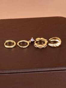4件組紫色立方鋯石女款耳環套裝 18K鍍金紋理光滑夾式耳圈耳環 珠寶禮物 - 金4-4pcs - 查看 3