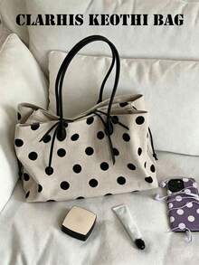 Polka Dot Canvas Tote Bag With Drawstring Design, Lightweight Casual Carryall Bag For Shopping, Work, Travel And Daily Use - Beige - View 5