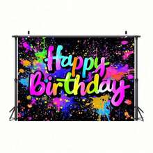 2D Flat Banner 1pc Glow-In-The-Dark Graffiti Backdrop - Birthday Party Decoration - Interactive Blacklight Photography Background With Colorful Splatter Effect - Perfect For Fun Celebrations And Photo Booths, Christmas - Multicolor - View 3