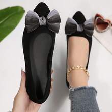 Women's Black Pointed Toe Flat Gradient Mesh Bow Ballet Shoes, Soft Suede Low Vamp Soft Sole Versatile Slouchy Loafers For Spring And Autumn - Black - View 1