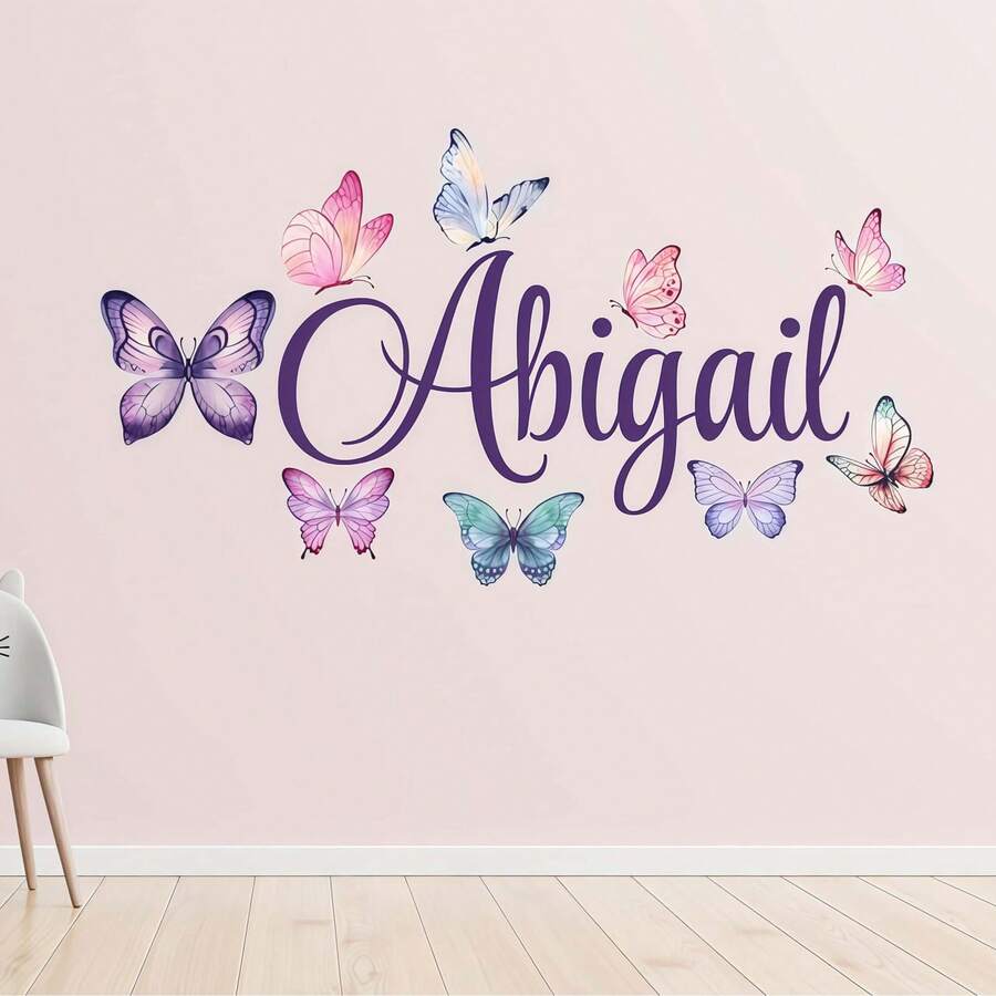 Custom Name Butterfly Wall Decal Personalized Bedroom Wall Sticker Large Vinyl Decals Room Decor(Sticker Only), Kawaii - Multicolor - View 1