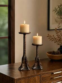 1pc Retro Silver Candlestick, High And Low Combination Fine Column Shape, Hammer Texture Texture Tray Base Details, Long Candle Atmosphere Decoration Items, Living Room, Dining Table, Bedroom, Wedding Party, Festival Celebration Scene - Bronze Hill - View 2