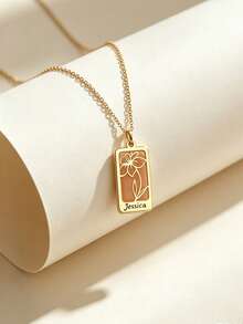 suteyi Exquisite Customized Name & Birth Flower Necklace, Personalized Engraved Hollow Floral Rectangular Pendant (18K Gold Plated), Suitable For Birthday, Valentine's Day Or Christmas Customized Commemorative Jewelry Gift - Gold - View 5