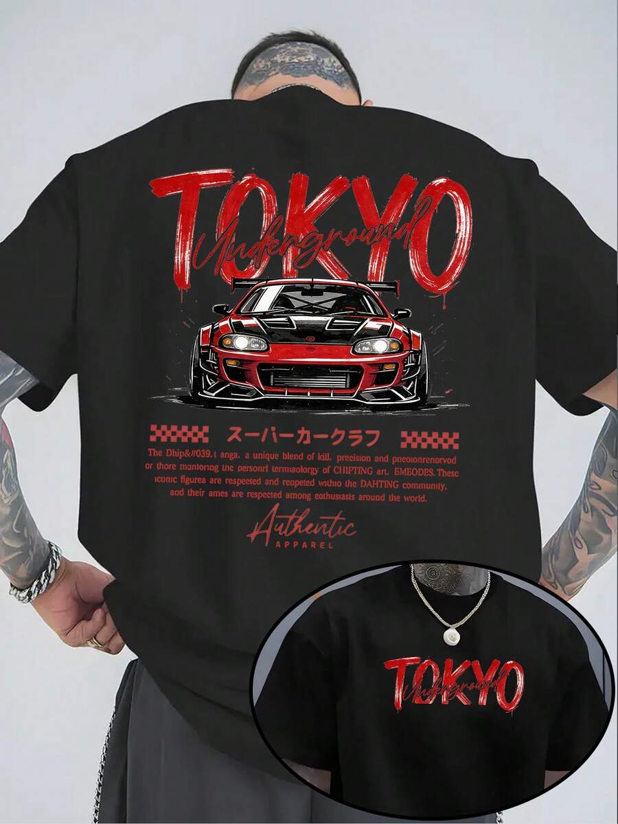Camiseta de hombre con temática de carreras clandestinas de Tokio | Diseño en rojo y negro, eslogan "Tokyo Underground", estilo JDM, cuello redondo informal, tejido ligeramente elástico. - Negro - Ver 1