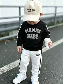 Young Boy Letter Print Crew Neck Long Sleeve Top And Pants - Black - View 1