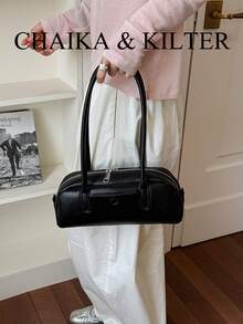 CHAIKA & KILTER 1件裝純色PU布料女款時尚波士頓保齡球肩背包，金屬孔眼裝飾，雙手柄設計，拉鍊開合，適合日常與街頭使用 - 黑色 - 查看 8