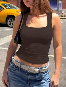 Women Square Neck Wide Strap Stretchy Slim Fit Crop Tank Top Basic Casual Camisole For Vacation Beach Street Daily Outdoor Wear - 咖啡棕 - 查看 11