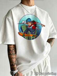 Herren Cartoon Skateboarder Muster Oversized Kurzarm Rundhals T-Shirt, Sommer Lässig Loose Fit Streetwear Grafik Baumwolle Tee für den täglichen Gebrauch und - Weiss - Übersicht 3