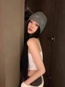1PC Women's Knit Hat With Pearl Bow, Versatile Head Wrap Pull-On Beanie, Face Slimming Knitted Cap For Large Head Circumference - Multicolor - View 1