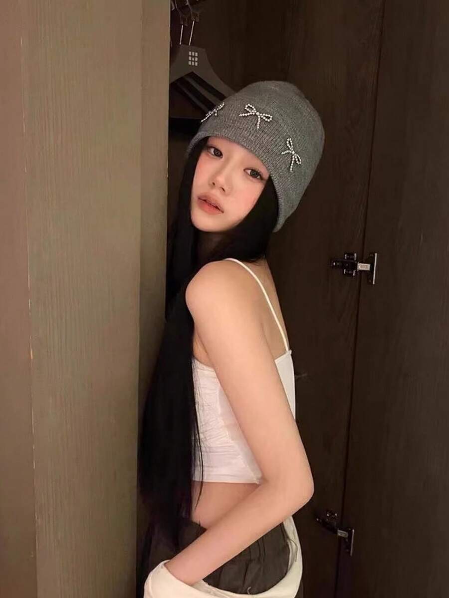 1PC Women's Knit Hat With Pearl Bow, Versatile Head Wrap Pull-On Beanie, Face Slimming Knitted Cap For Large Head Circumference - Multicolor - View 1